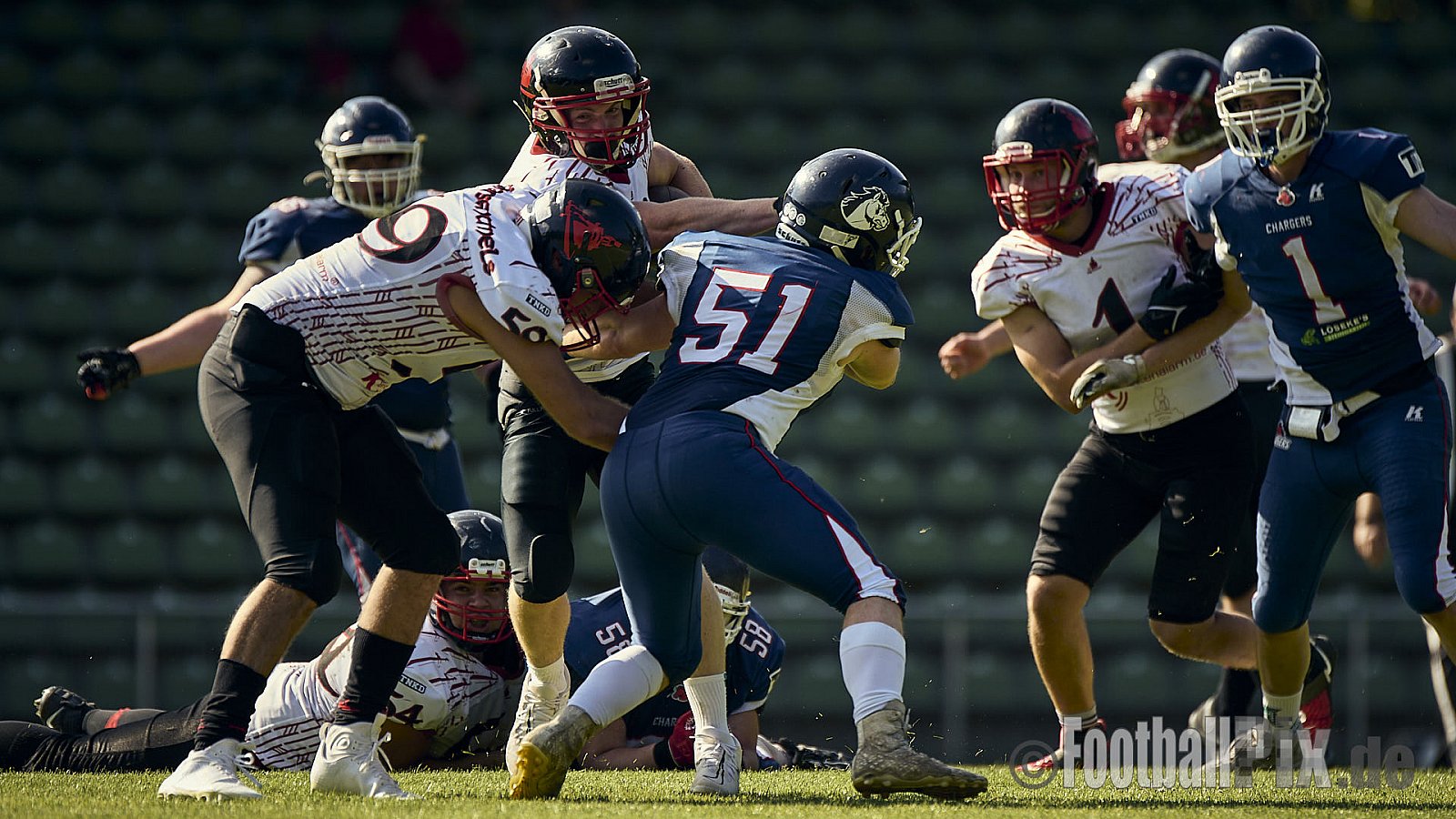 AFCV Verbandsliga NRW Season 2024 Recklinghausen Chargers vs. Siegen Sentinels am 24.08.2024 im Stadion Hohenhorst, Recklinghausen, Punkte Endstand 4 : 7.
[Bildnummer: 2024-08-24_0453] - RecklinghausenChargersVsSiegenSentinels