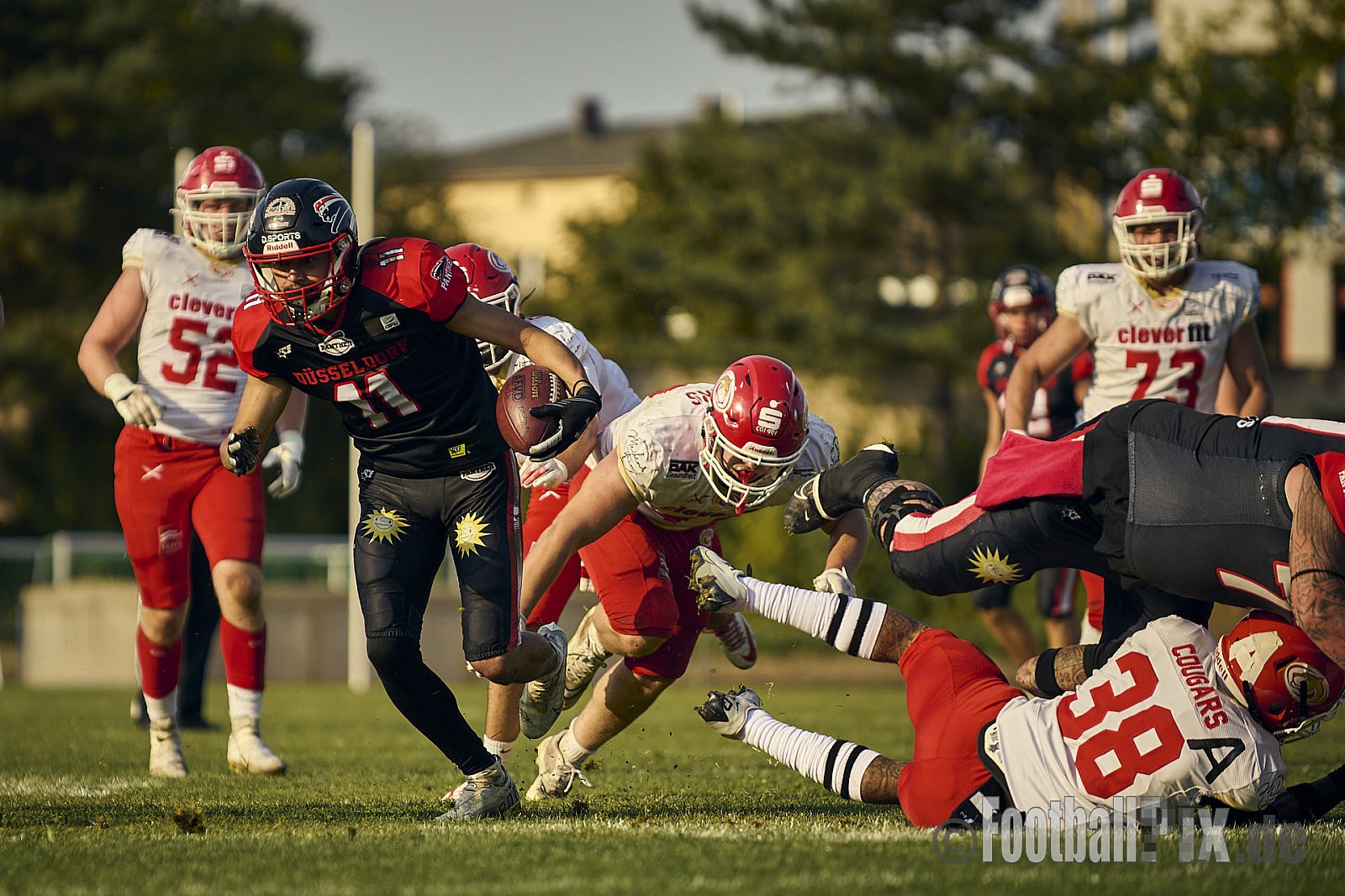 GFL2 Season 2024 Düsseldorf Panther vs. Lübeck Cougars am 31.08.2024 im Bezirks Sportanlage Benrath, Nürnberger Straße, Benrath, Stadtbezirk 9, Dusseldorf, North Rhine-Westphalia, 40599, Germany. Punkte Endstand 16 : 10. - DPantherVsLuebeckCougars