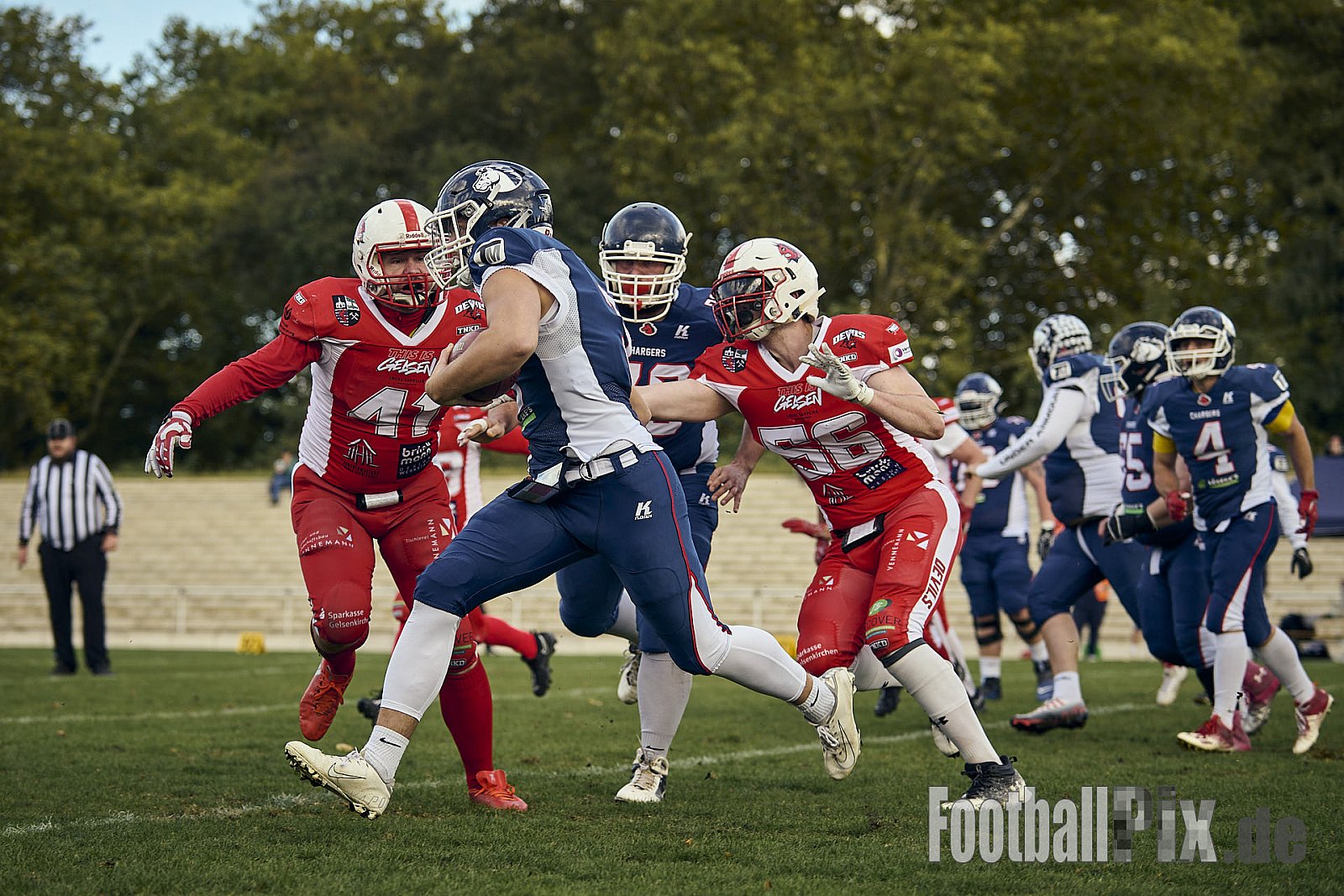 AFCV VL NRW | Gelsenkirchen Devils vs. Recklinghausen Chargers | 28.09.2024 | BV Horst Süd 1962 e.V., Am Hesterkamp, Horst, Gelsenkirchen-West, Gelsenkirchen, North Rhine-Westphalia, 45899, Germany | Punkte Endstand 21 : 35 | Bildnummer: 2024-09-28_0198 - GelsenkirchenDevilsVsRecklinghausenChargers