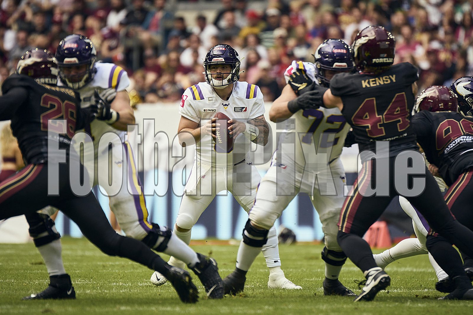 #3 Ben Holmes, Quarterback, Vienna Vikings | ELF | Vienna Vikings at Rhein Fire |  Punkte Endstand 21 : 08 | Merkur Spiel-Arena, Dusseldorf | 01.06.2025 | Bildnummer: 2025-06-01_0961 - ViennaVikingsAtRheinFire